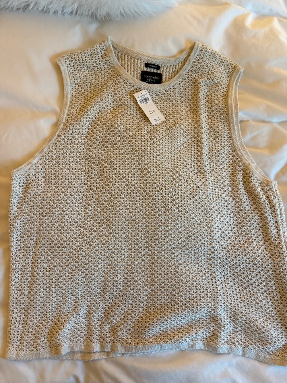 Abercrombie & Fitch Men's Cream Open-Knit Sleeveless Top